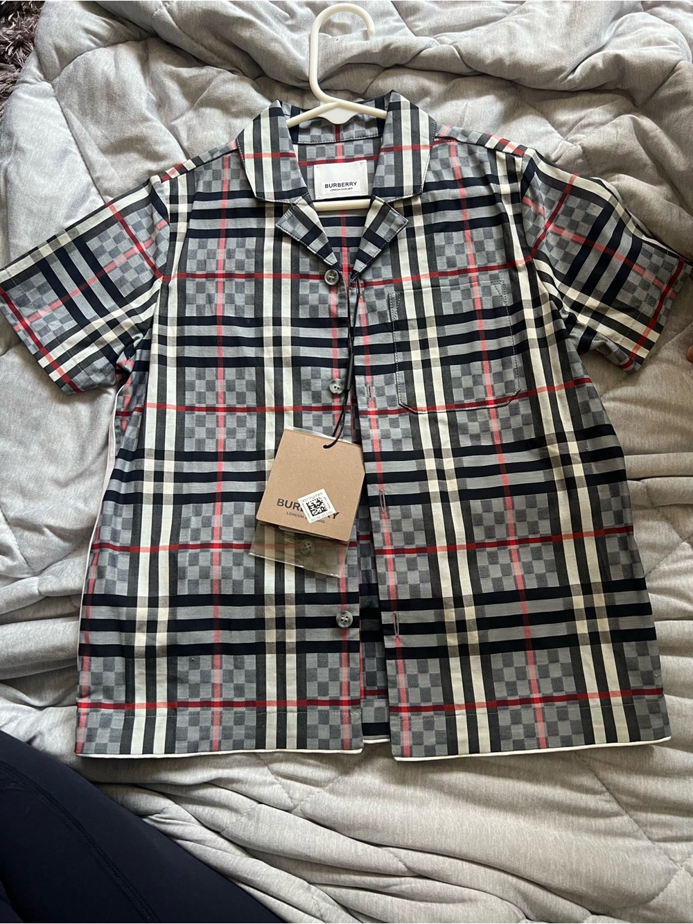 Burberry Short Sleeve Button-Down Shirt in Beige, Black & Red Check